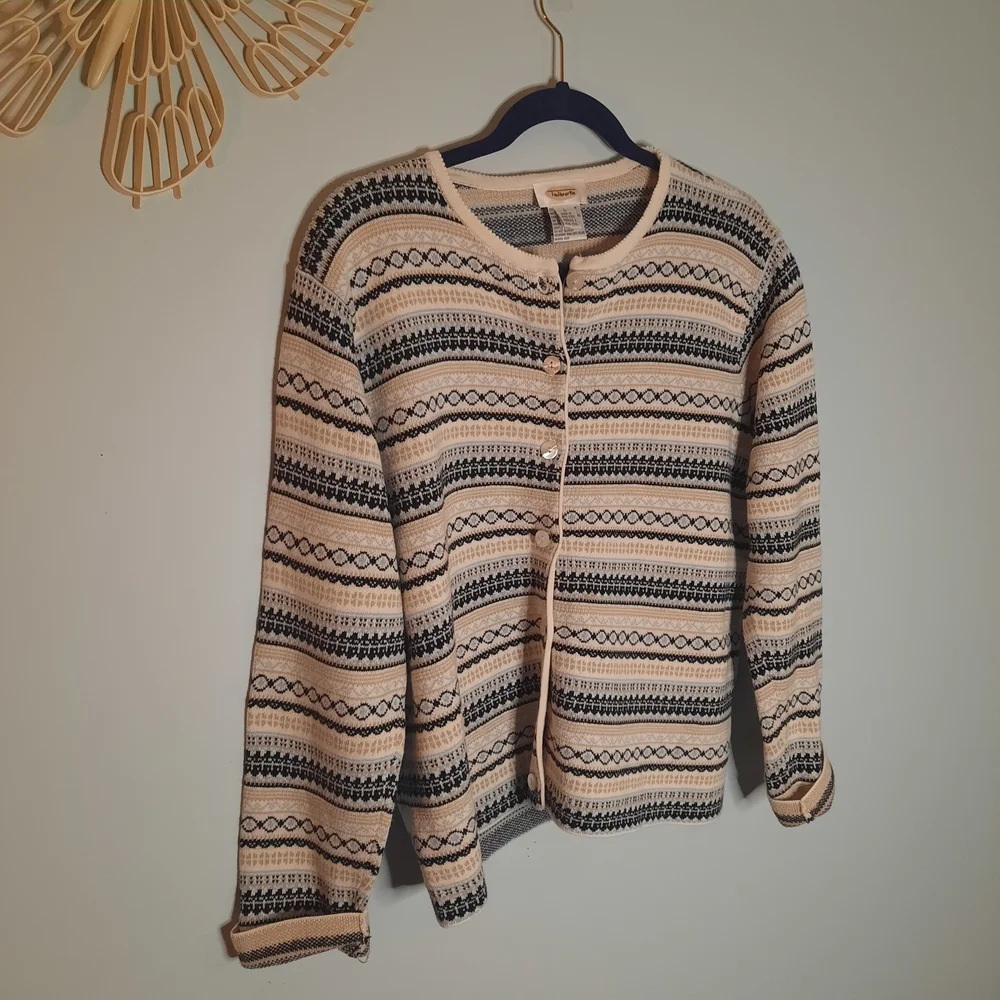 VNTG SZ LTalbots Cream/Black Striped Knit Cardigan, Cottagecore, Grandmacore - Picture 2 of 4